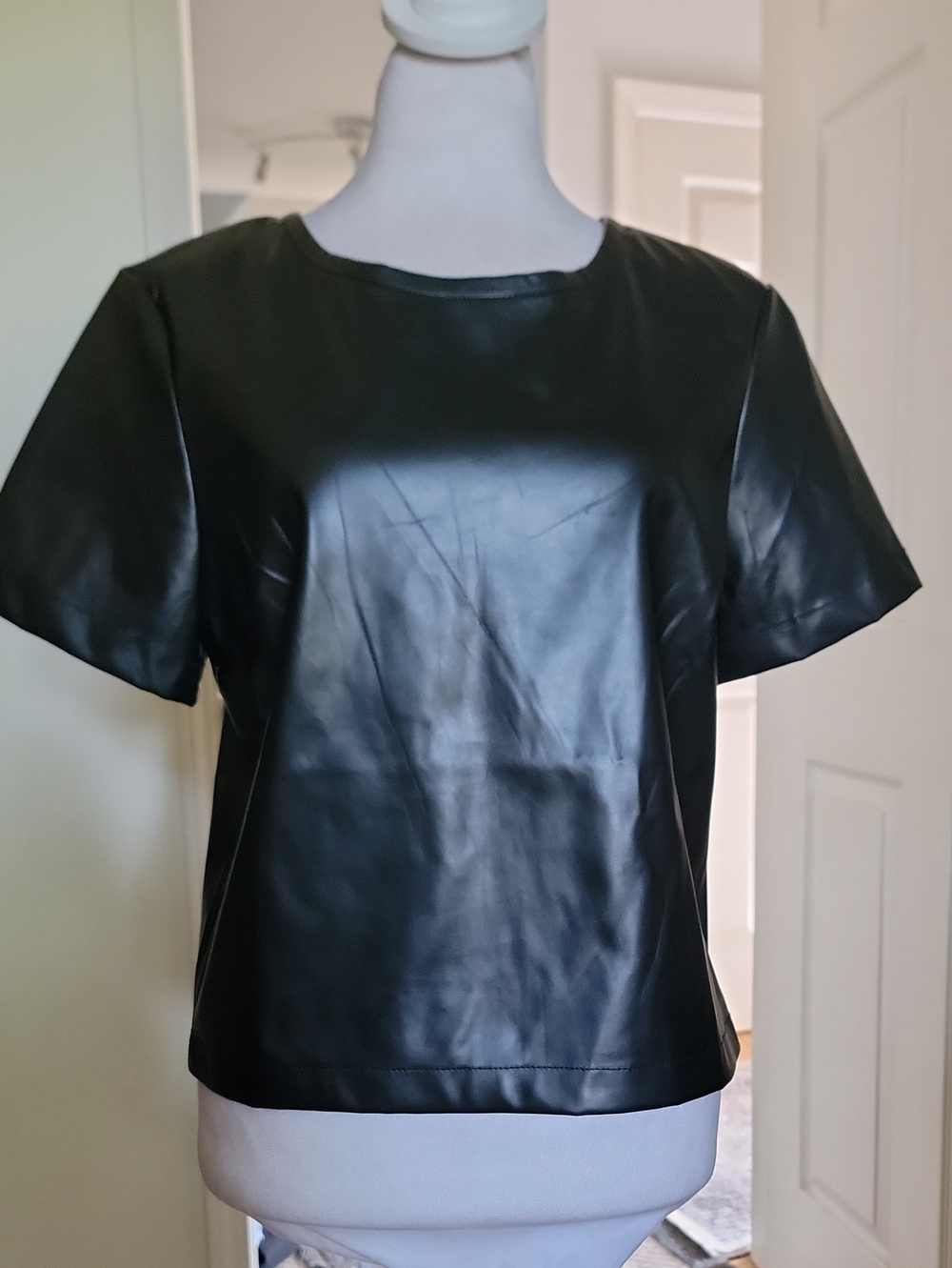Porridge Faux Leather Short Sleeve Top - Black